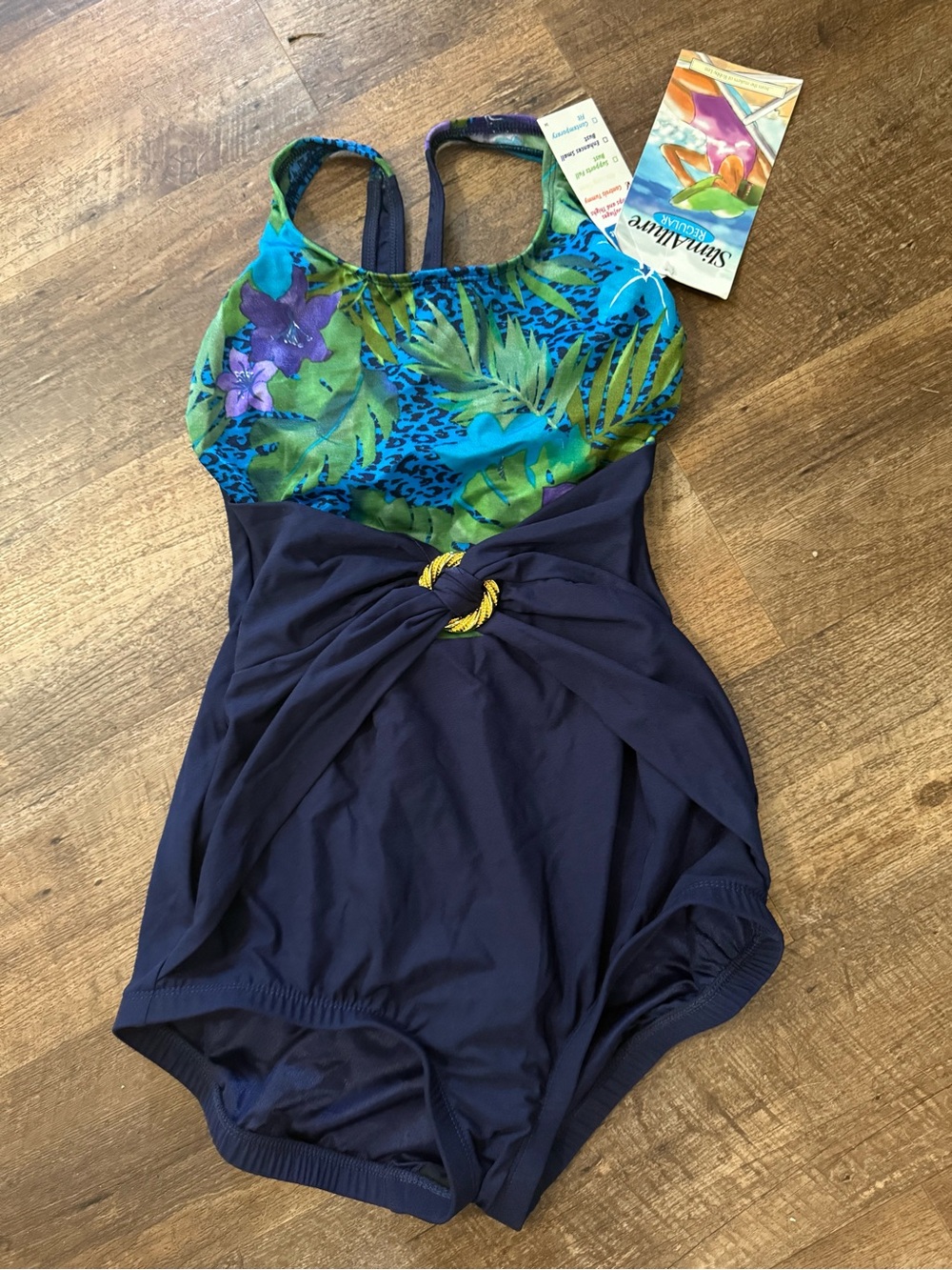 Sears Tropical Print High-Neck Navy Skirted One-Piece Swimsuit